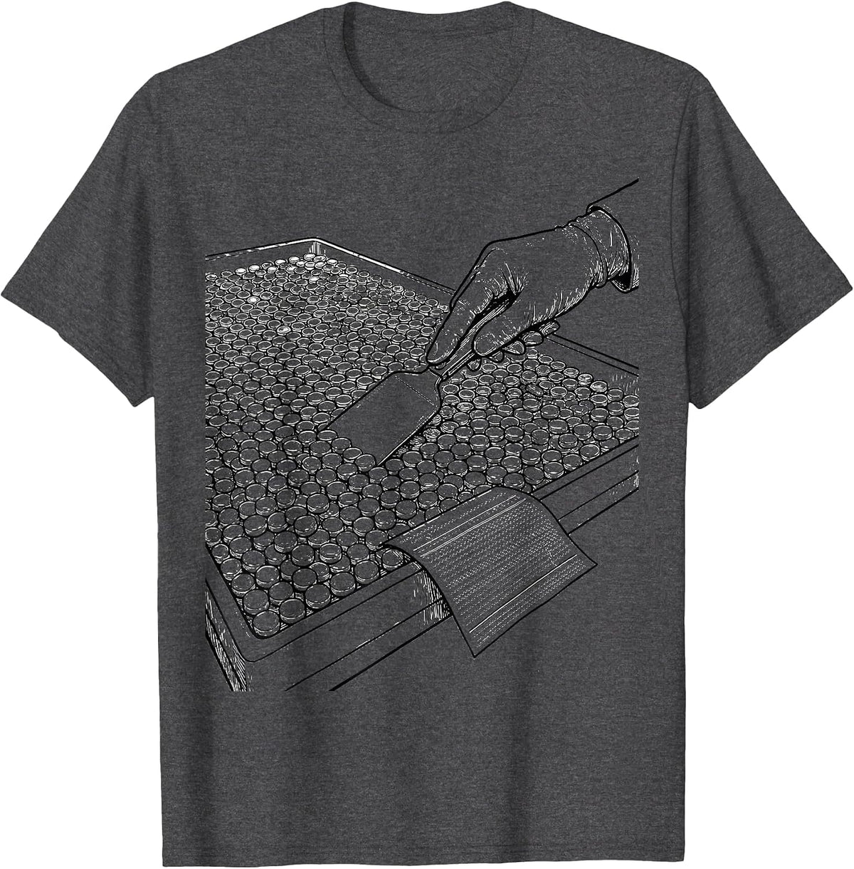 Men's Counting Tray Pharmacy Tech Job Humor T-Shirt - Dark Heather Grey