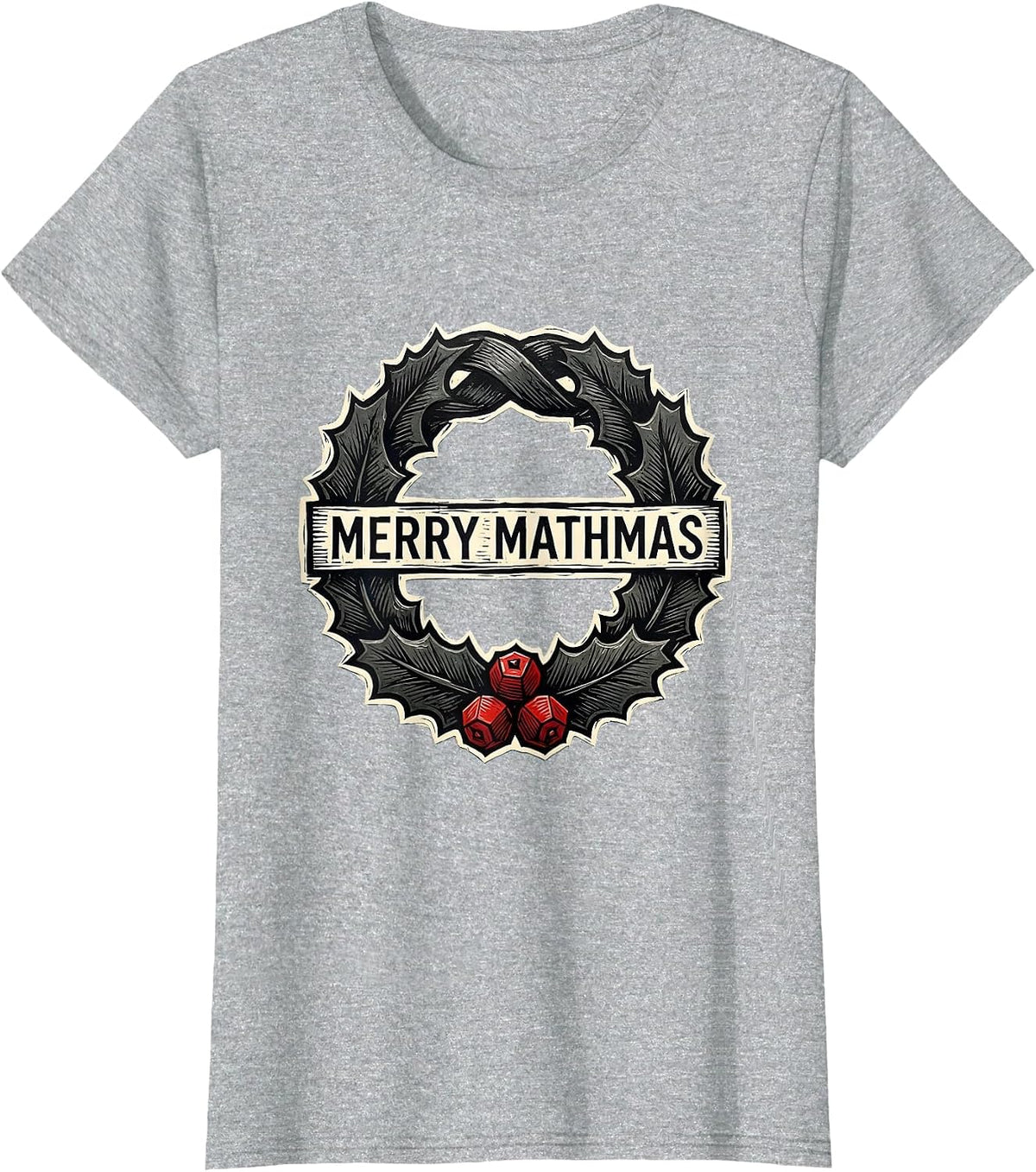 Women's Merry Mathmas Linocut Math Teacher Christmas Pun Gift T-Shirt - Heather Grey