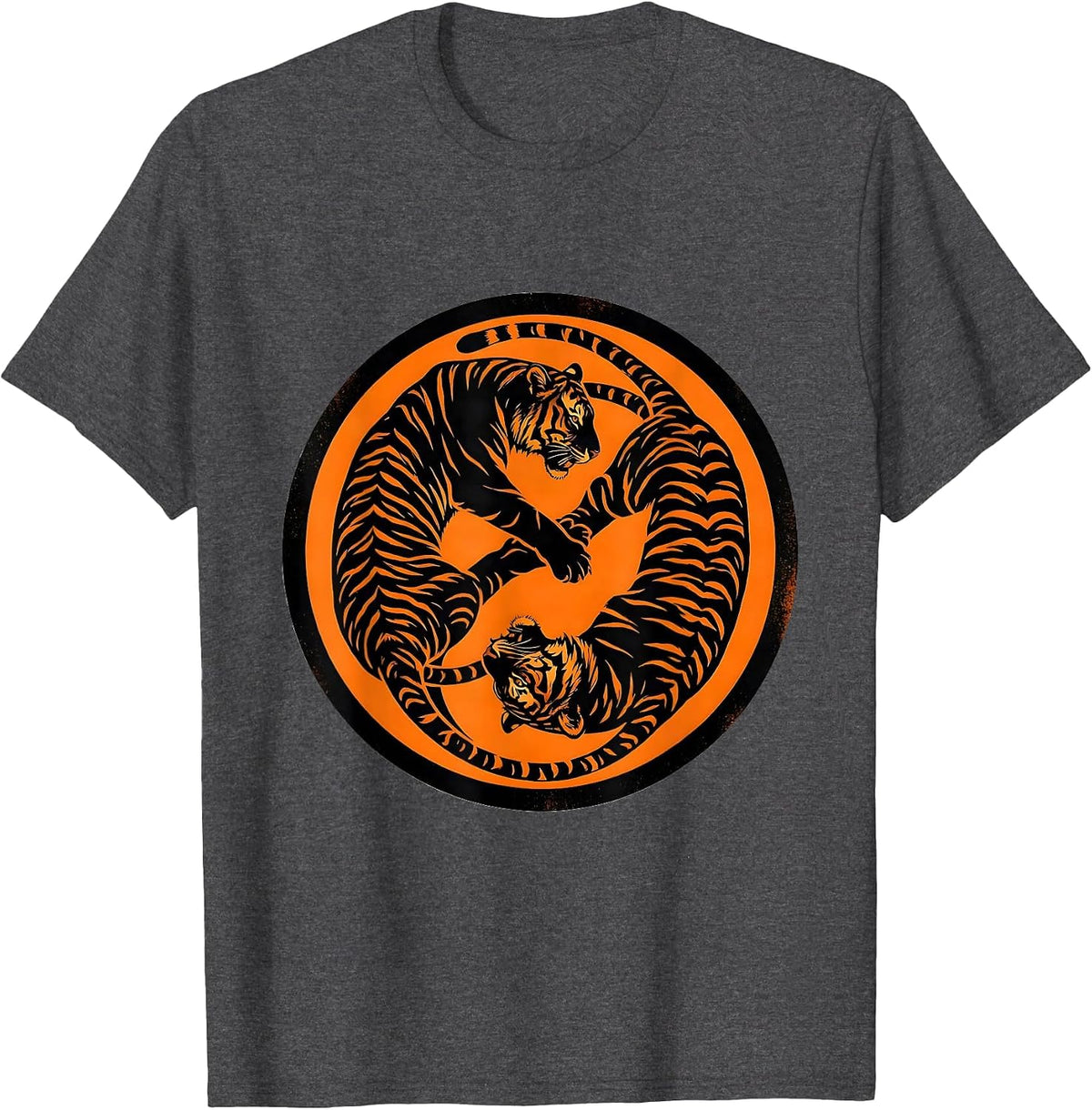 Twin Tigers Yin Yang Balance Graphic Design T-Shirt - Dark Heather Grey