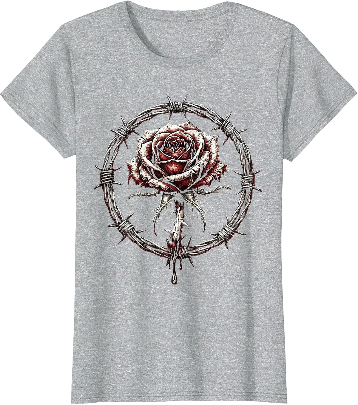 Severed Rose Barbed Wire Grunge Dark Art Design T-Shirt - Heather Grey