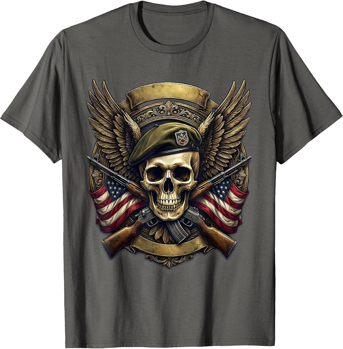 Veteran Skull Military Beret with Wings Graphic T-Shirt - Asphalt Grey