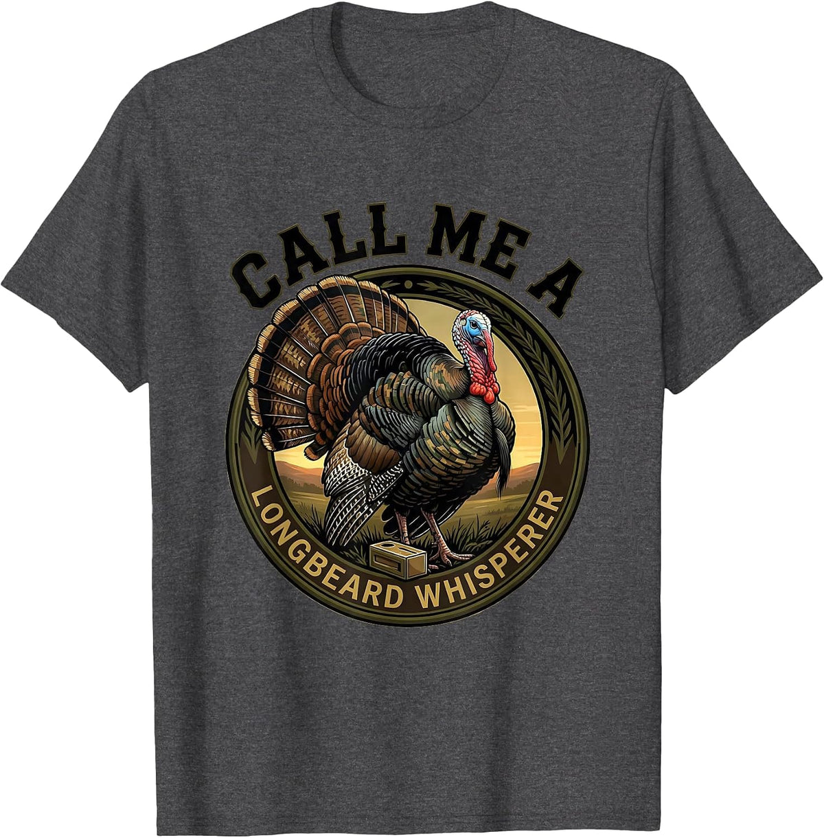 Men's Call Me a Longbeard Whisperer Funny Turkey Hunter Camo T-Shirt - Dark Heather Grey