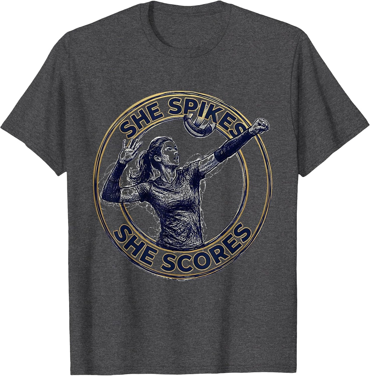 She Spikes She Scores Volleyball Design T-Shirt - Dark Heather Grey