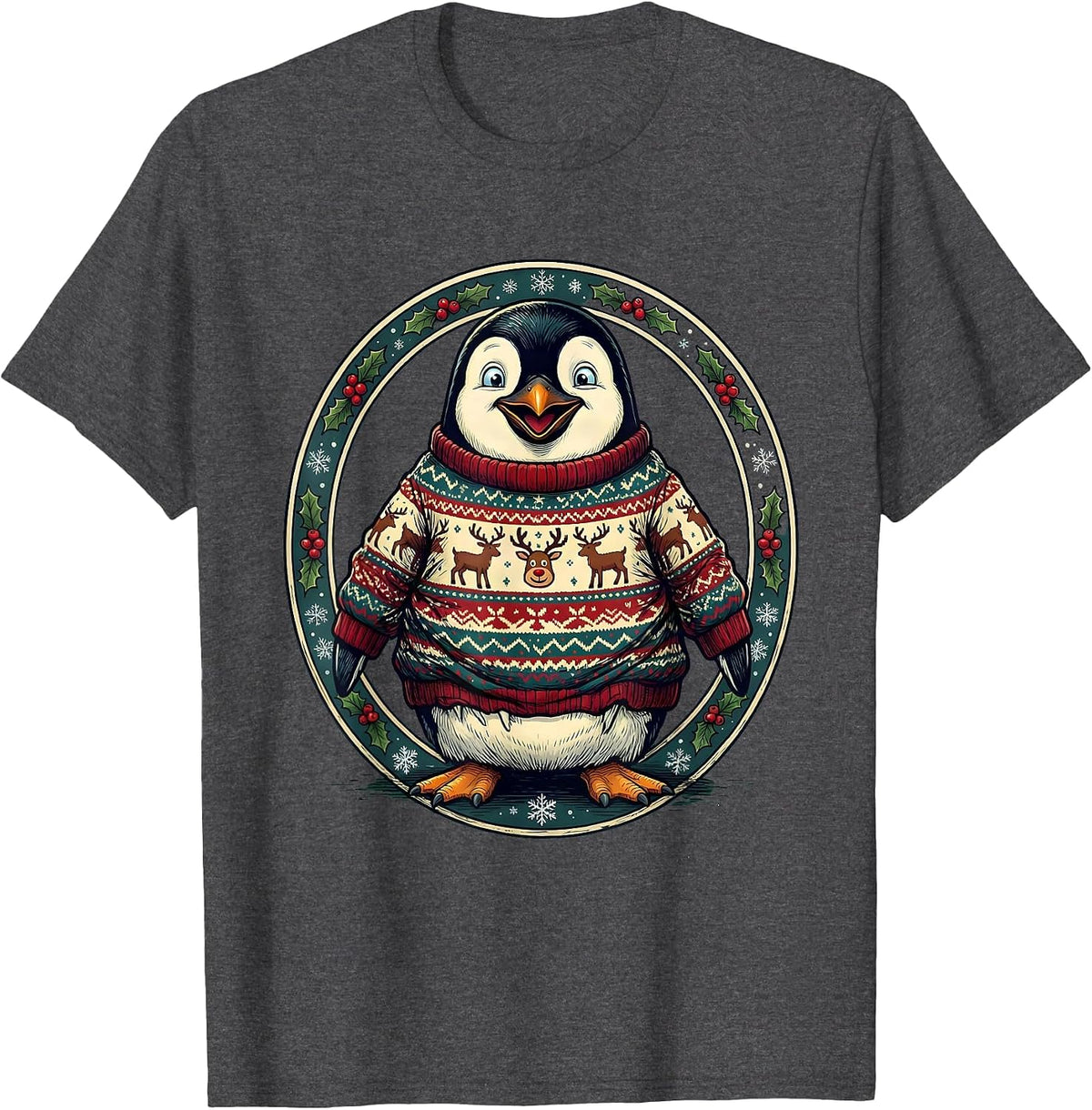 Men's Penguin Ugly Christmas Sweater Funny Holiday T-Shirt - Dark Heather Grey