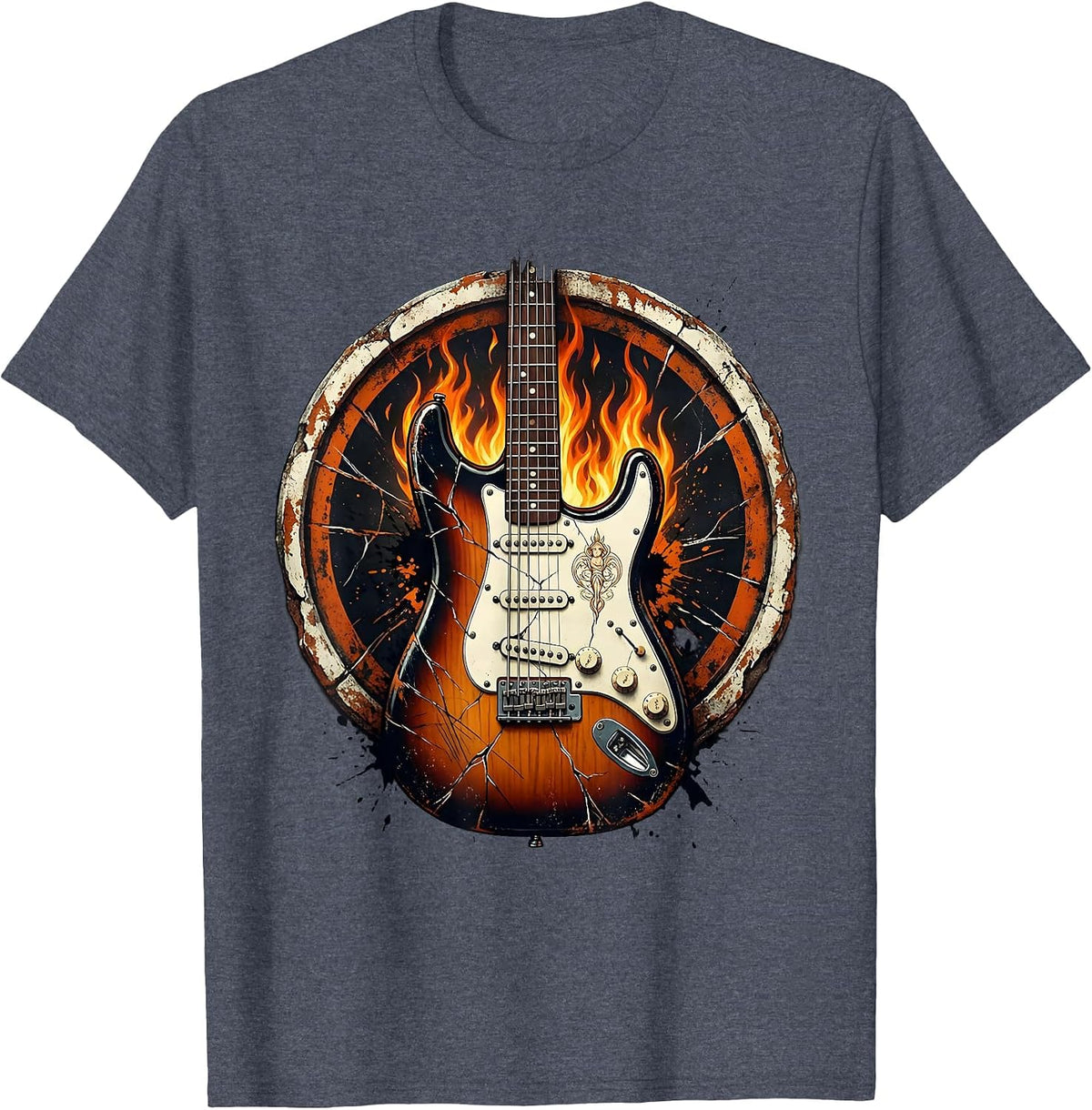 Cracked Electric Guitar Flames Rock and Roll Design T-Shirt - Heather Blue