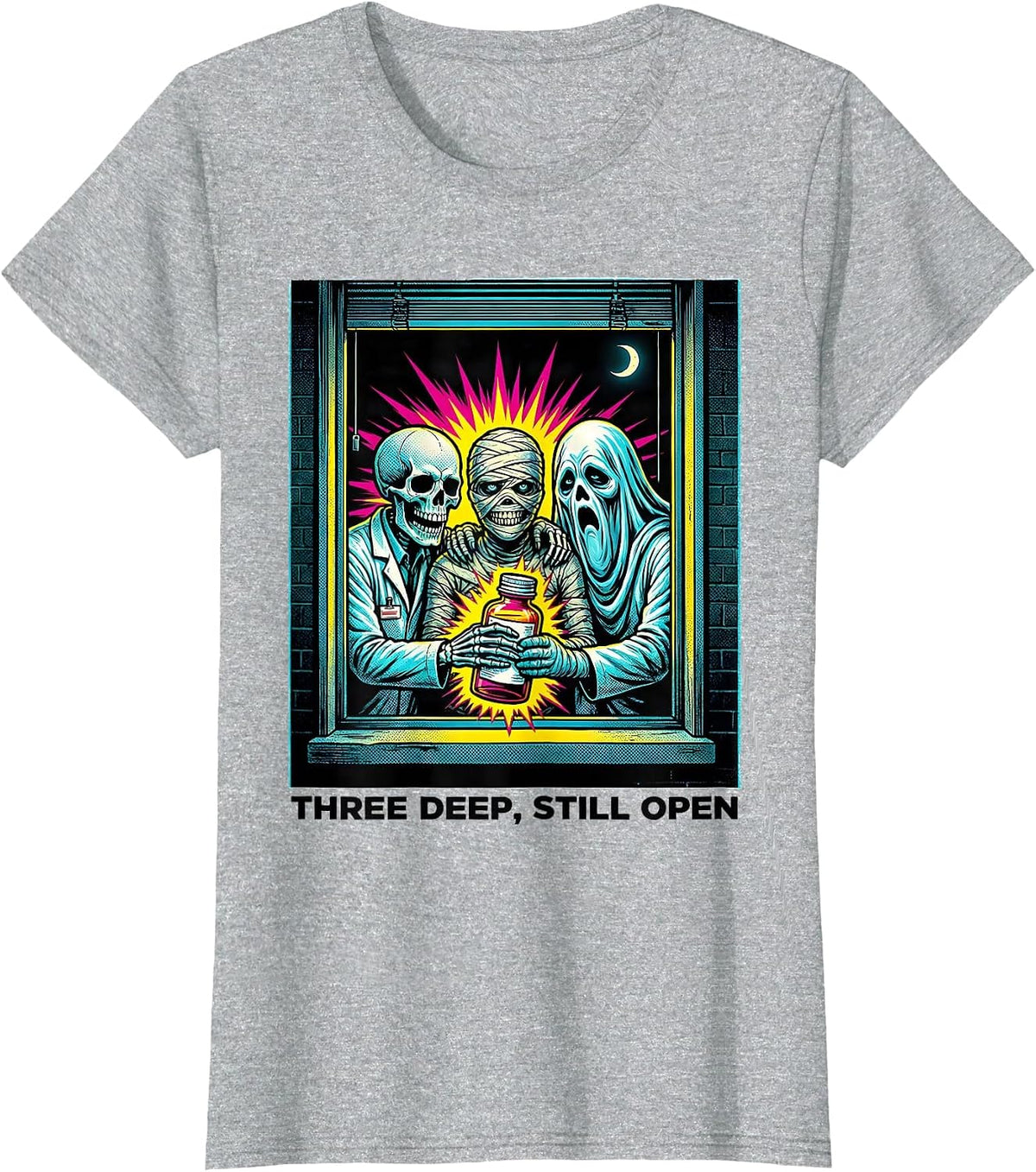 Three Deep Still Open Funny Pharmacy Tech Halloween Costume T-Shirt - Heather Grey
