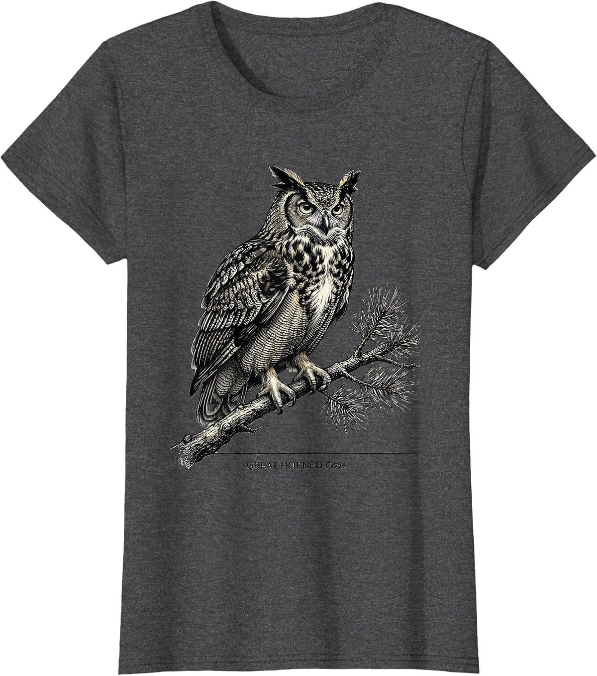 Women's Great Horned Owl Vintage Forest Wildlife Nature Reflection T-Shirt - Dark Heather Grey
