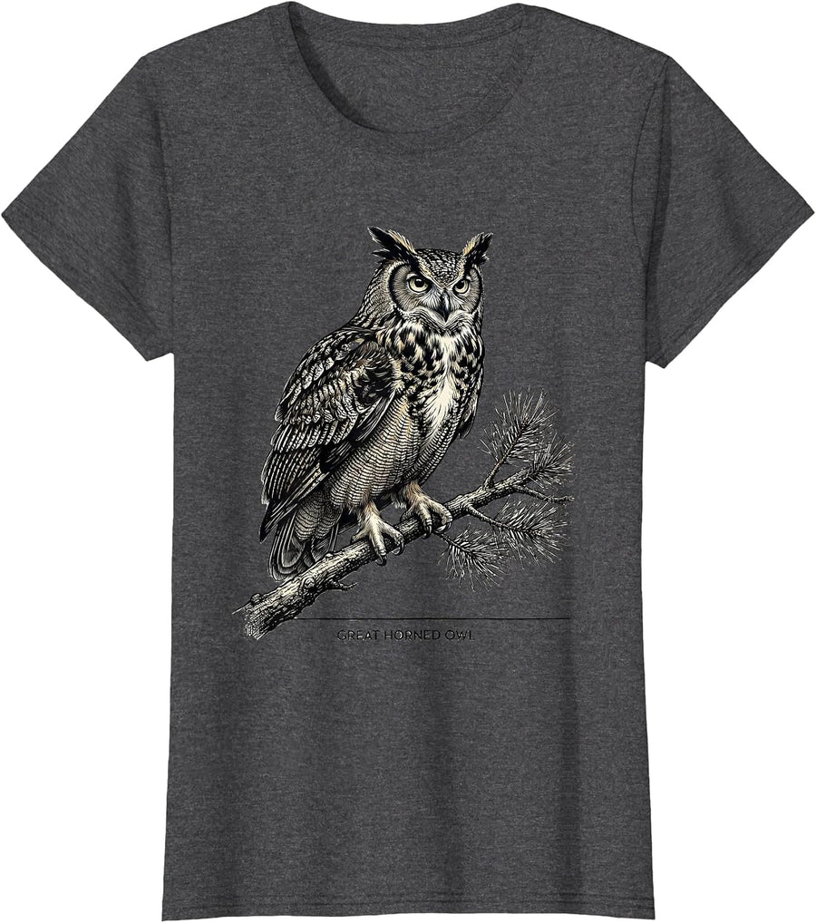 Women's Great Horned Owl Vintage Forest Wildlife Nature Reflection T-Shirt - Dark Heather Grey