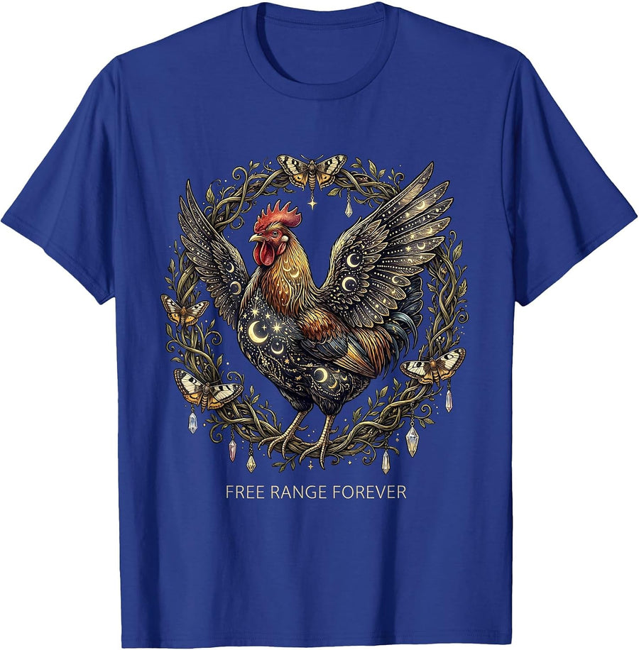 Free Range Forever Cow and Chicken Design T-Shirt - Royal Blue