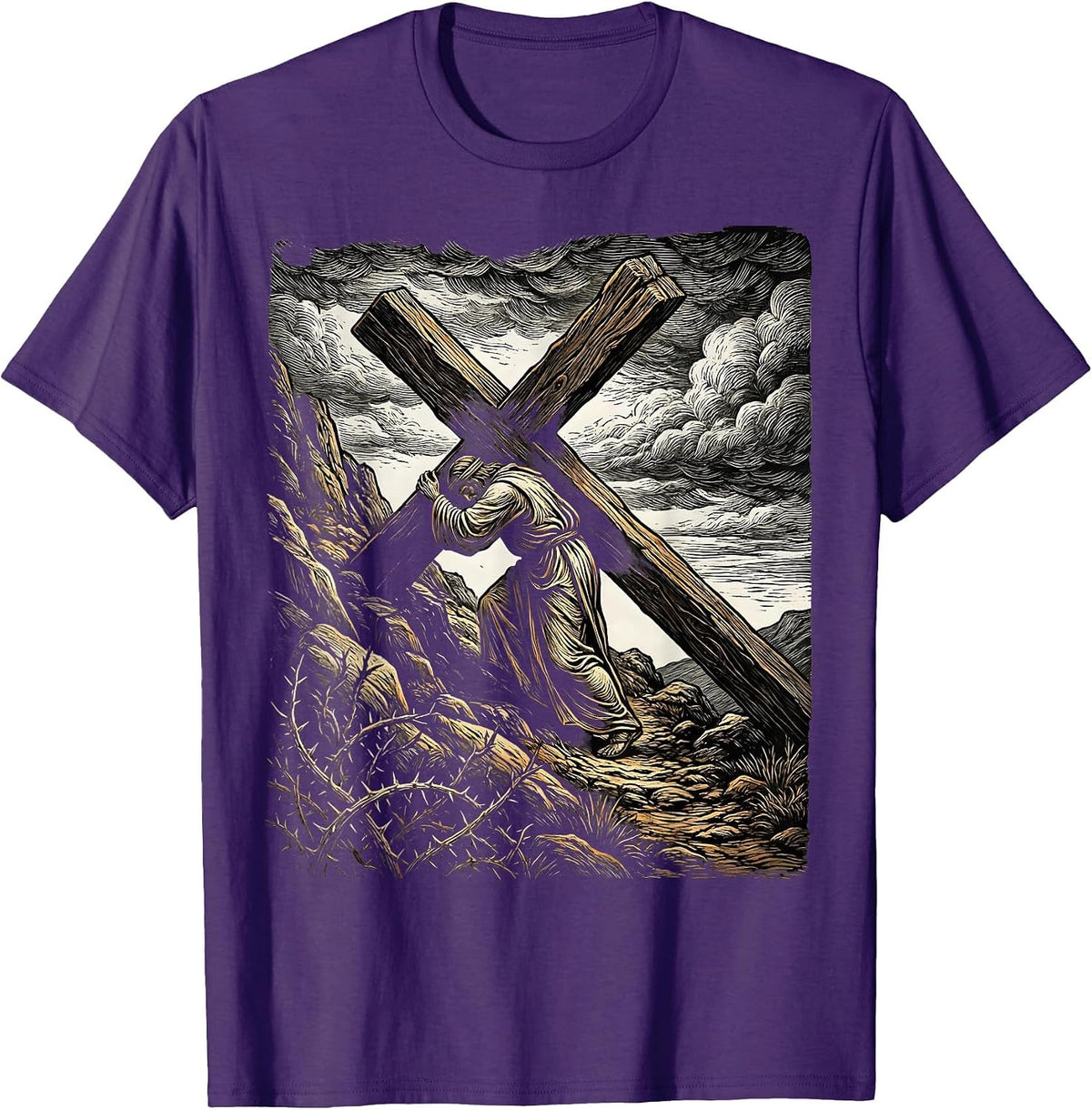 Jesus Carrying the Cross Up the Hillside T-Shirt - Purple