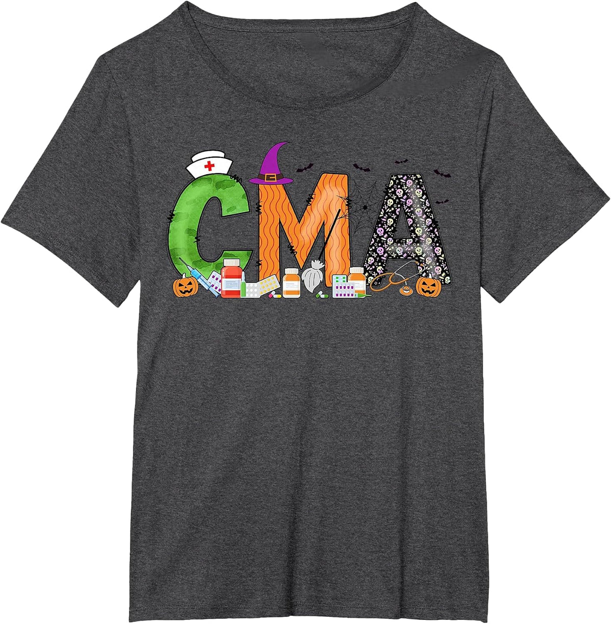 Certified Medical Assistants CMA Witch Nurse Skull Halloween T-Shirt - Dark Heather Grey