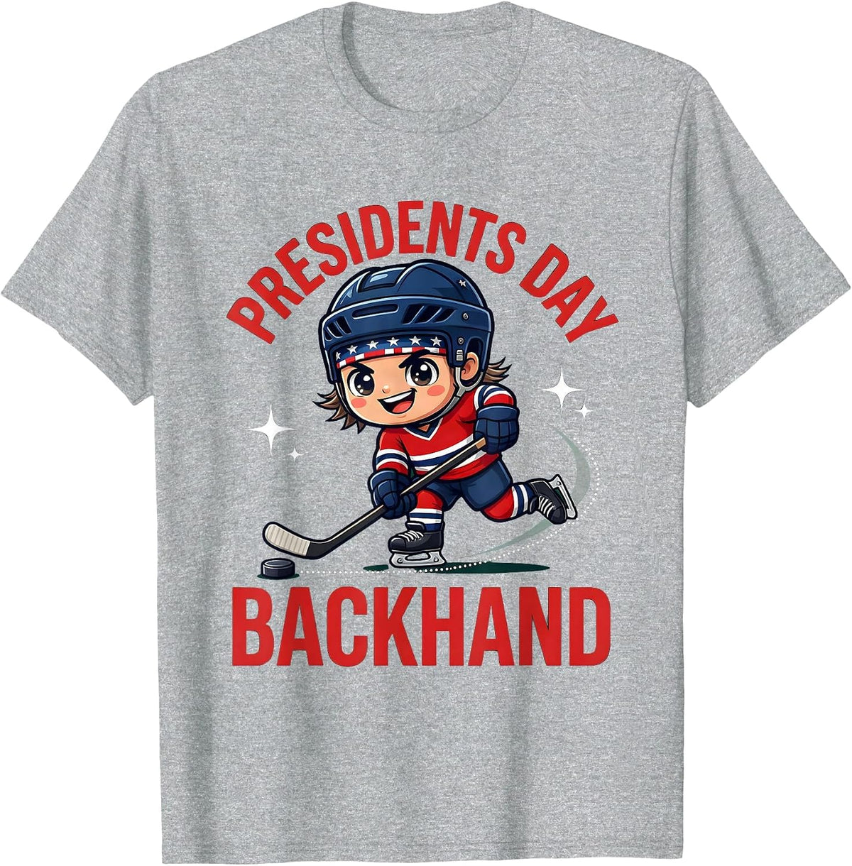Men's PRESIDENTS DAY BACKHAND Cartoon Hockey Player Patriotic T-Shirt - Heather Grey