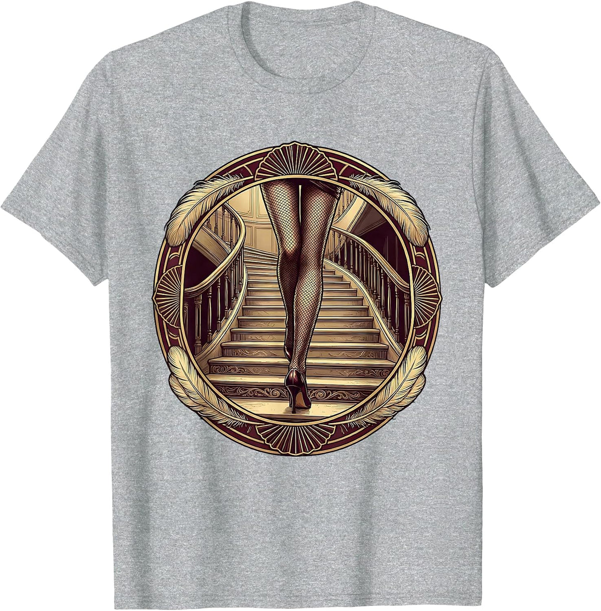 Men's Showgirl Grand Staircase Fishnet Legs Illustration T-Shirt - Heather Grey