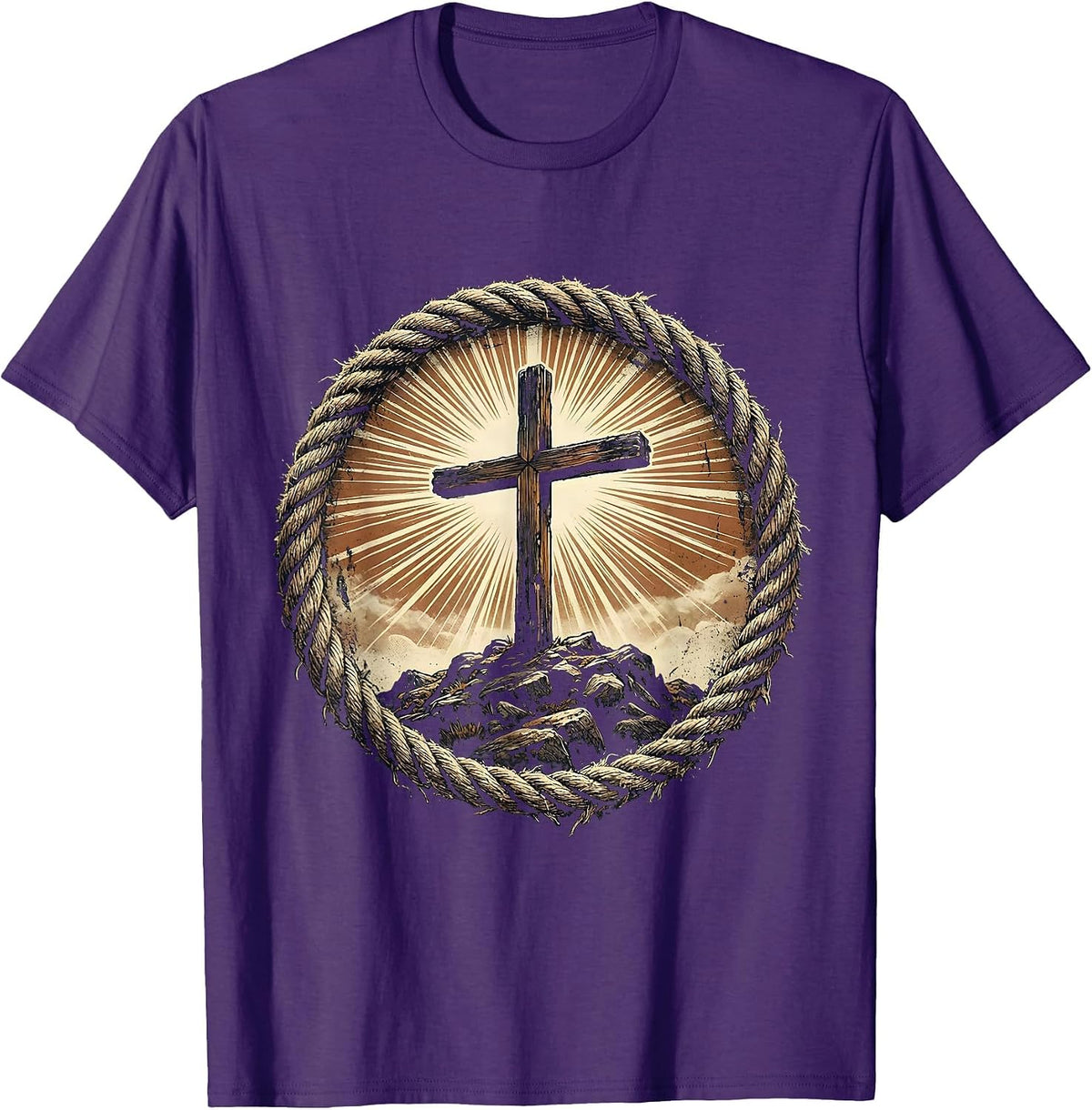 Men's Rugged Cross on Rocky Hilltop Christian Design T-Shirt - Purple