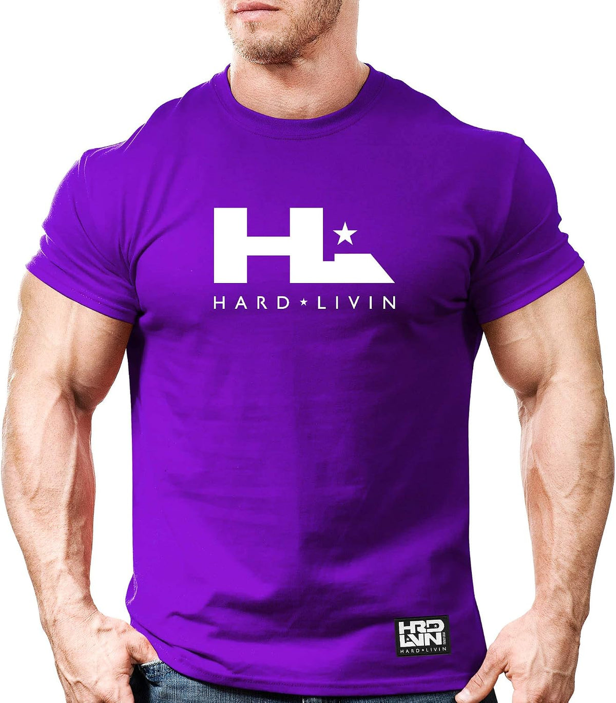 Monsta Clothing Co. Men's Bodybuilding Workout (HardLivin-HL-icon) Gym T-Shirt - Purple Tee\/Wt Art