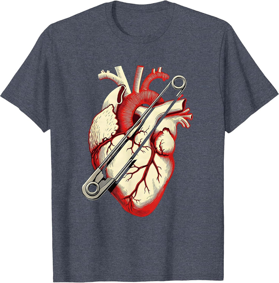 Punk Safety Pin Pierced Heart Graphic Tee T-Shirt - Heather Blue