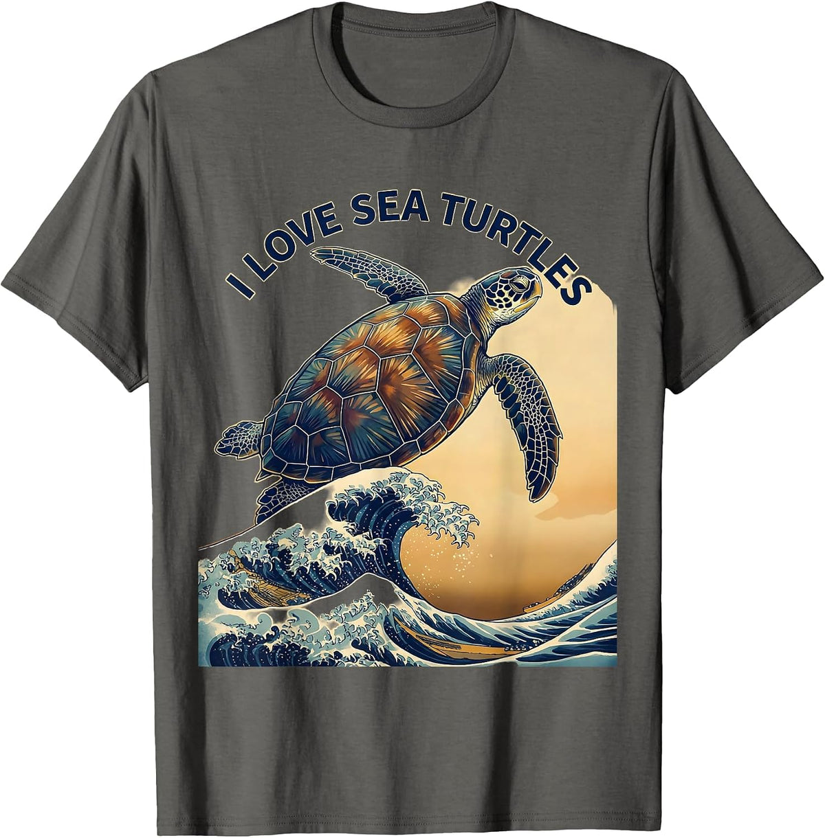 Men's I Love Sea Turtles Ukiyo-e Ocean Animal Lover Beach Art T-Shirt - Asphalt Grey