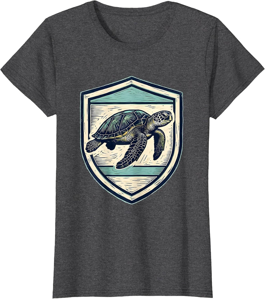 Women's Sea Turtle Badge Patch Line Art Icon Outline Gift T-Shirt - Dark Heather Grey