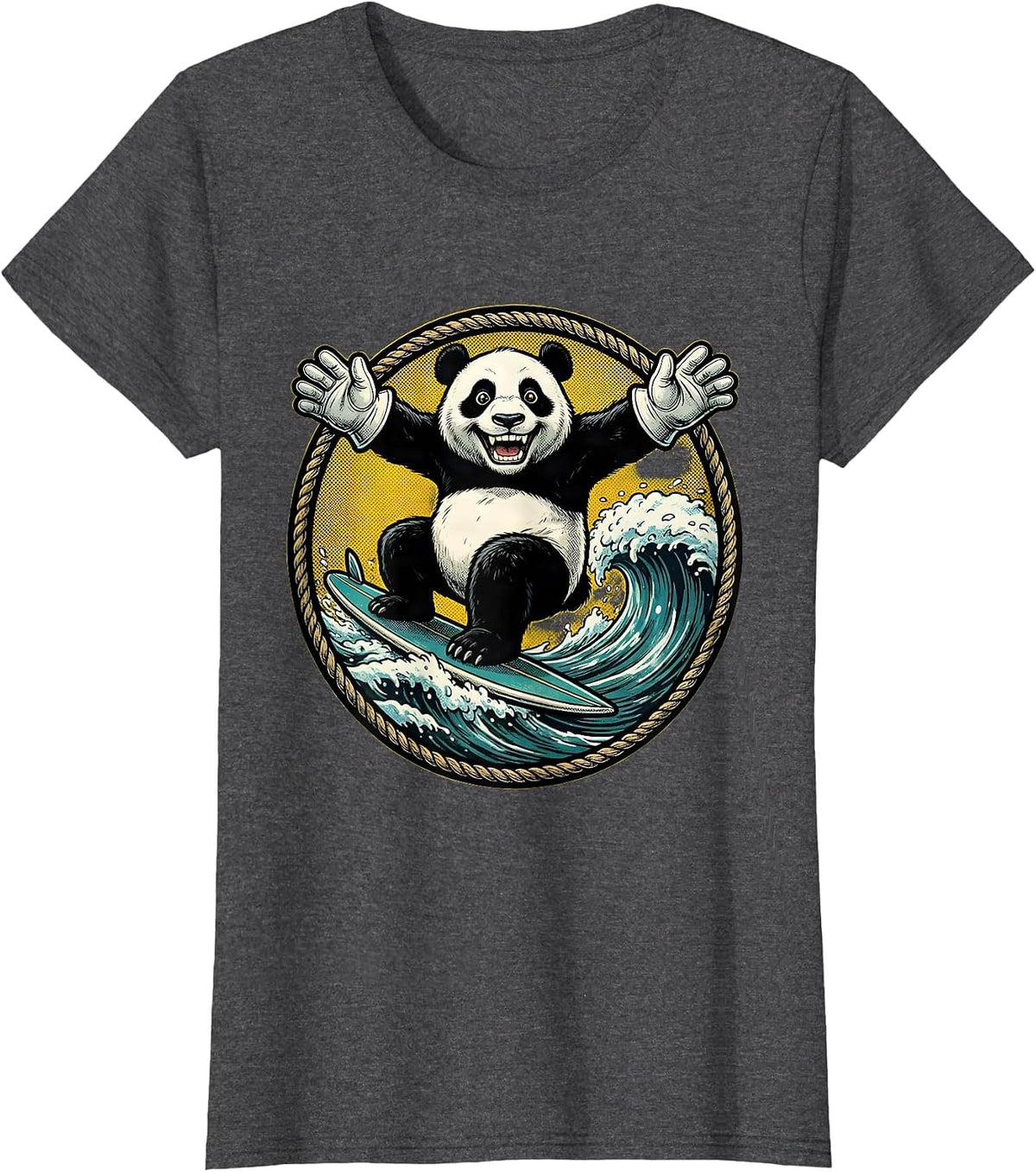 Women's Panda Surfing Ocean Wave Graphic Tee T-Shirt - Dark Heather Grey
