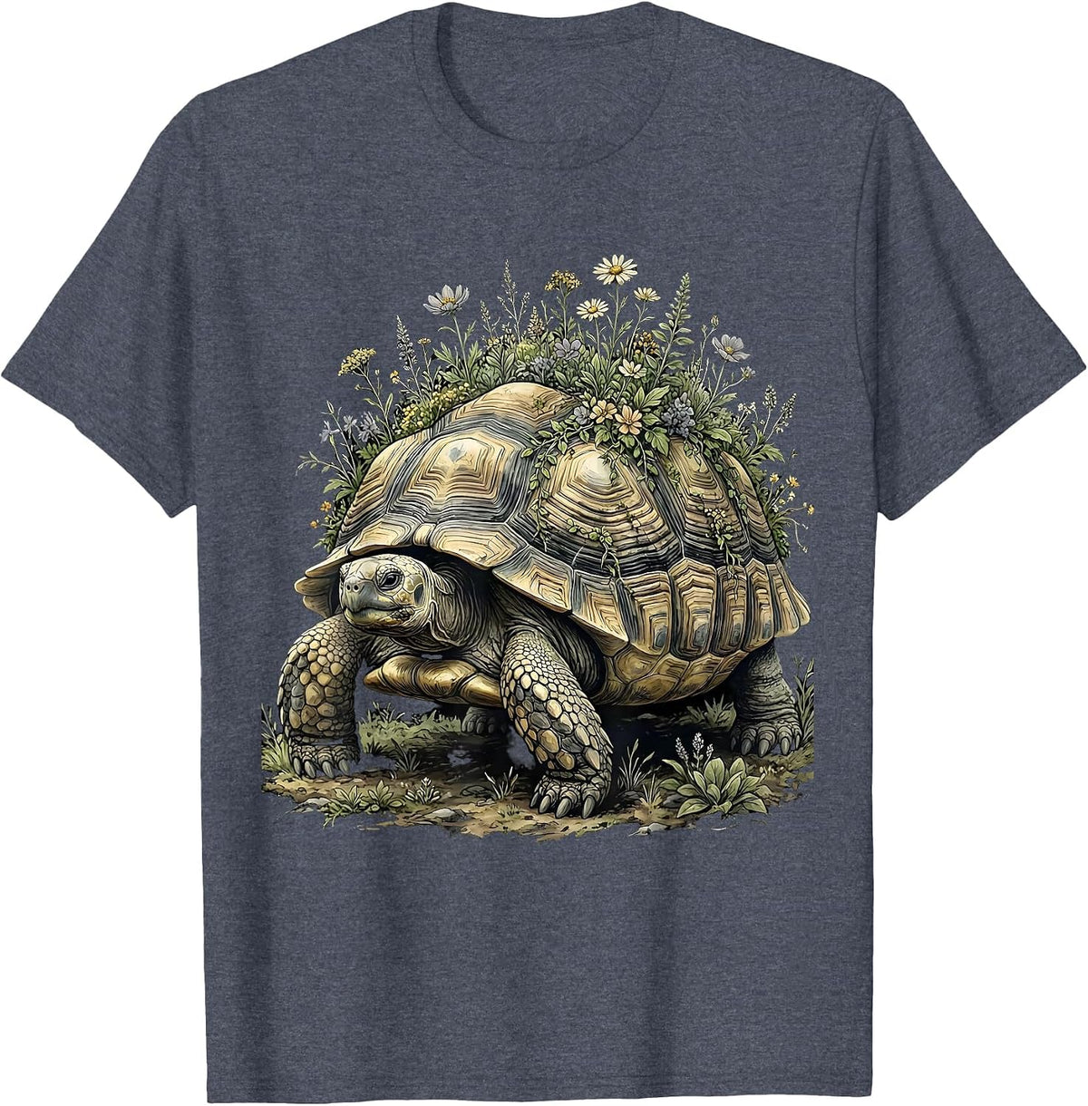 Peaceful Turtle Flowering Garden Shell Nature Art T-Shirt - Heather Blue