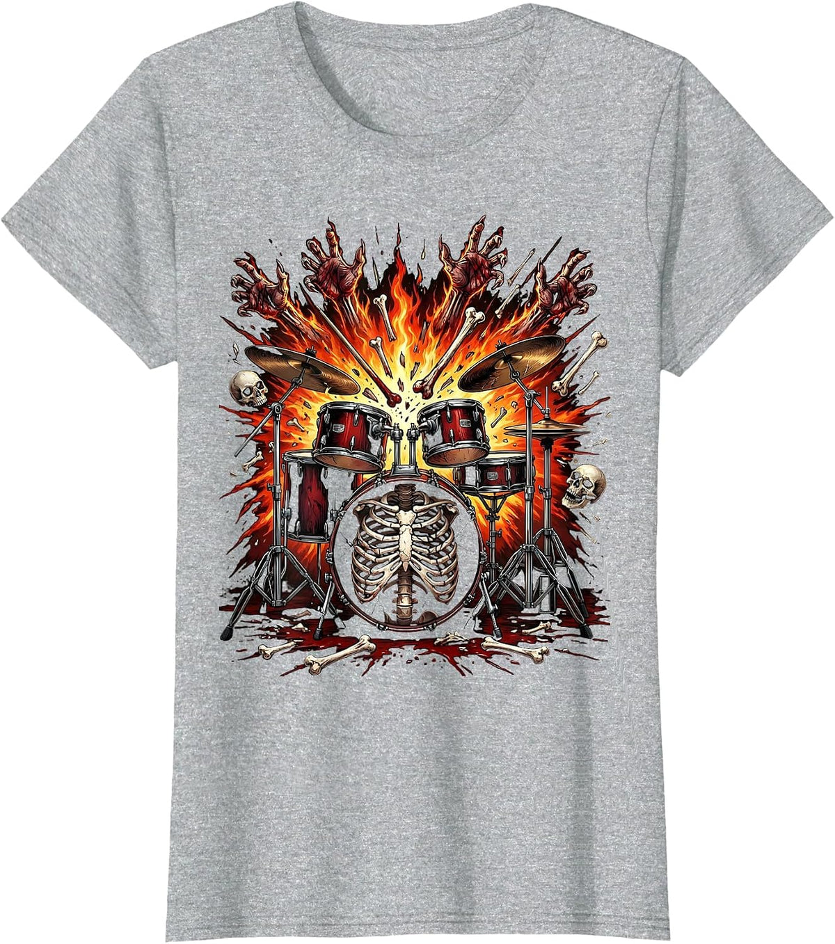Exploding Drum Kit Fiery Punk Band Graphic T-Shirt - Heather Grey