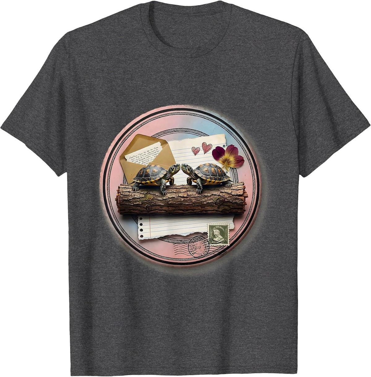 Cute Turtle Couple Nose Touch Love Nature Design T-Shirt - Dark Heather Grey