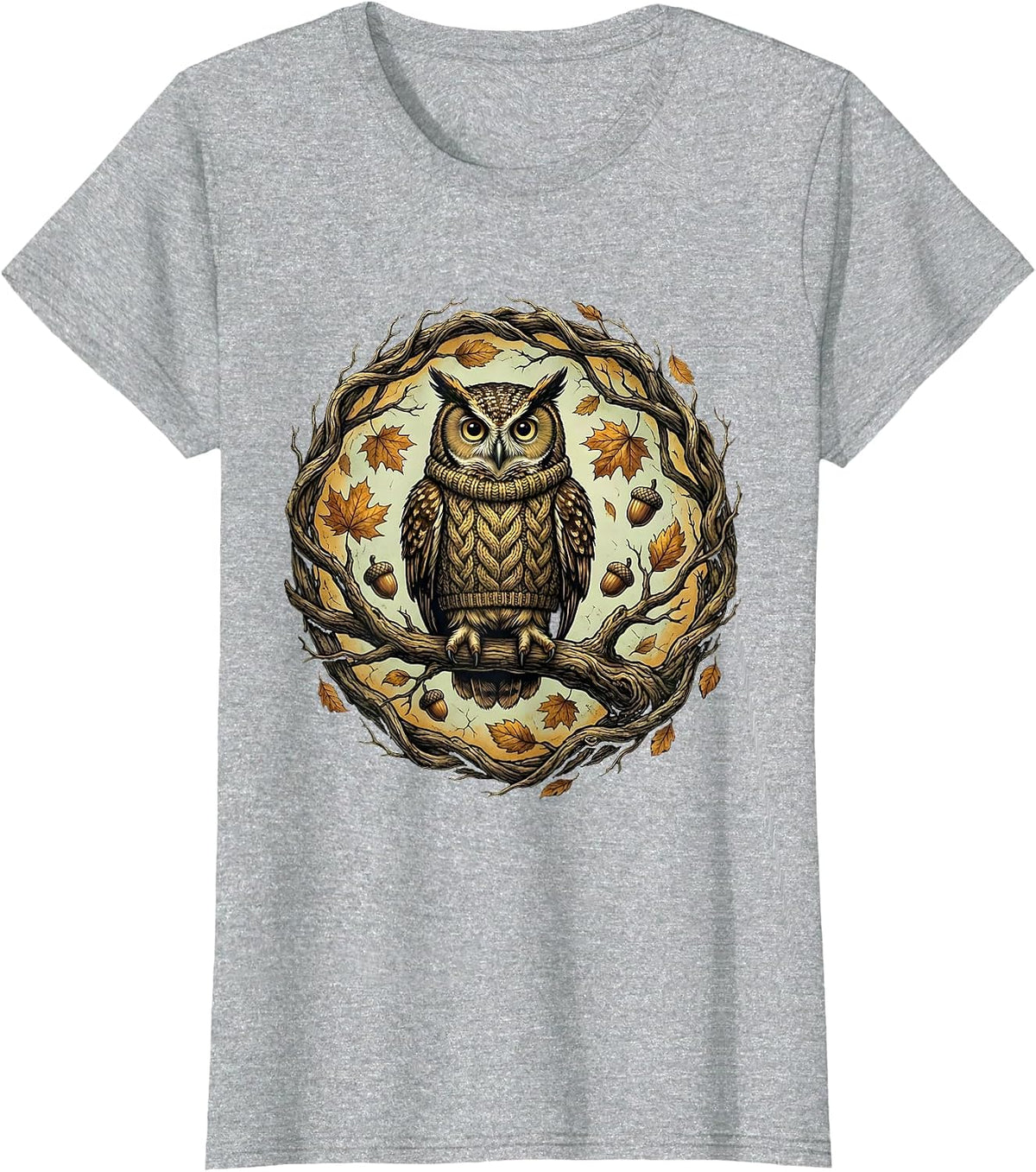 Women's Fall Owl on Branch Autumn Knitted Sweater Design T-Shirt - Heather Grey