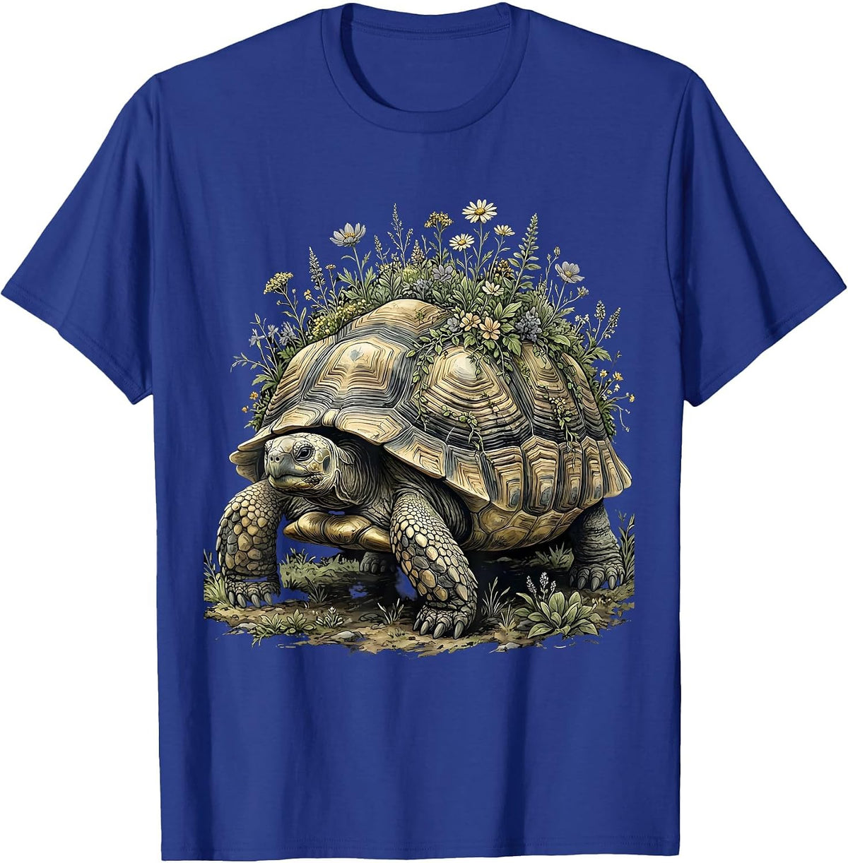 Peaceful Turtle Flowering Garden Shell Nature Art T-Shirt - Royal Blue