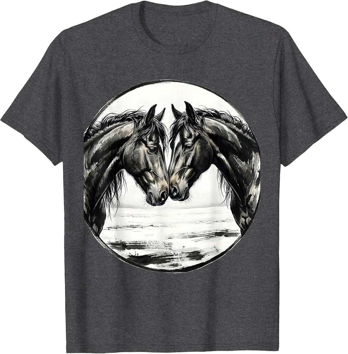 Two Horses Touching Noses in Snowy Field T-Shirt - Dark Heather Grey