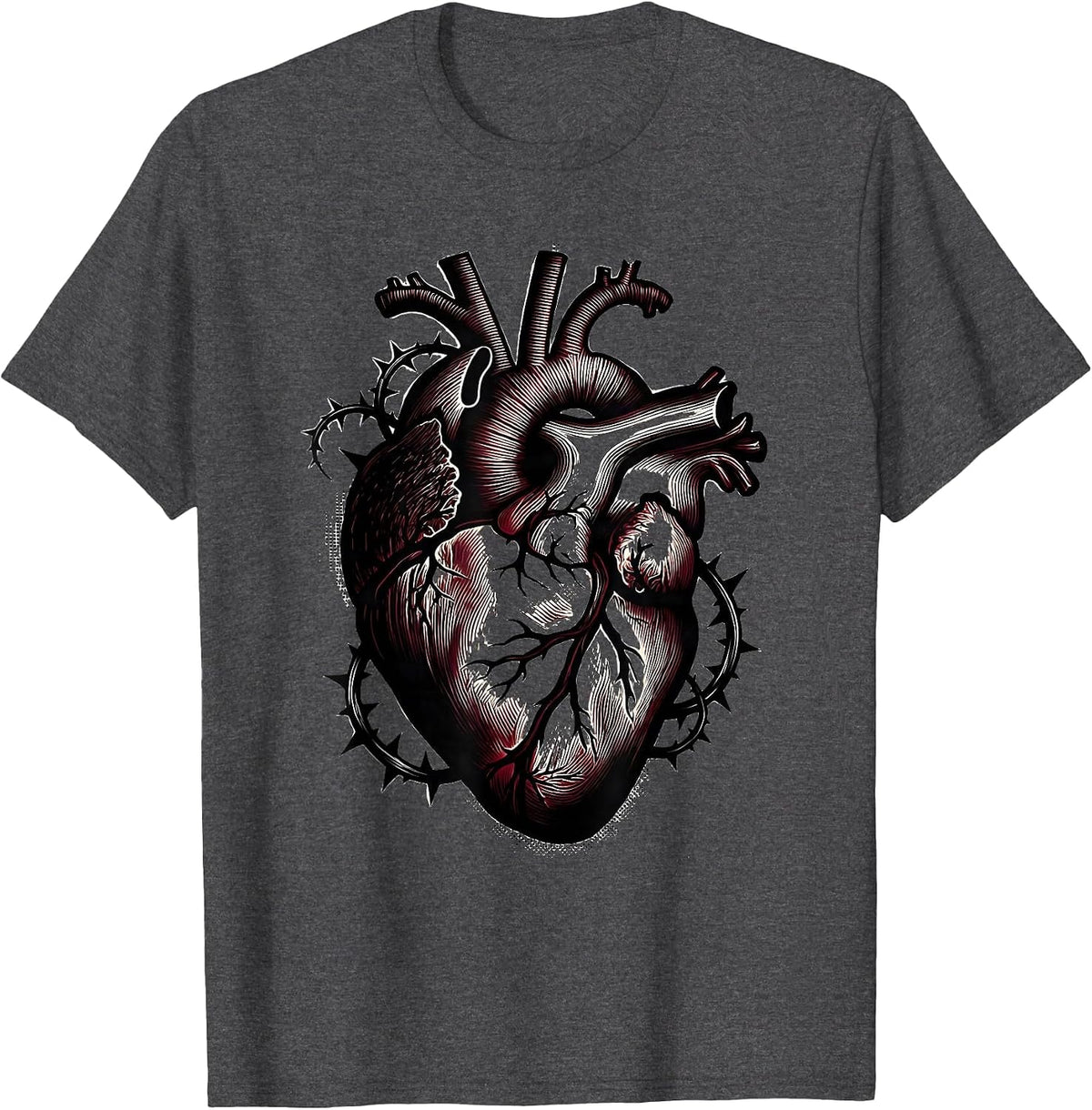 Men's Anatomical Heart Thorny Vines Emo Gothic Design T-Shirt - Dark Heather Grey
