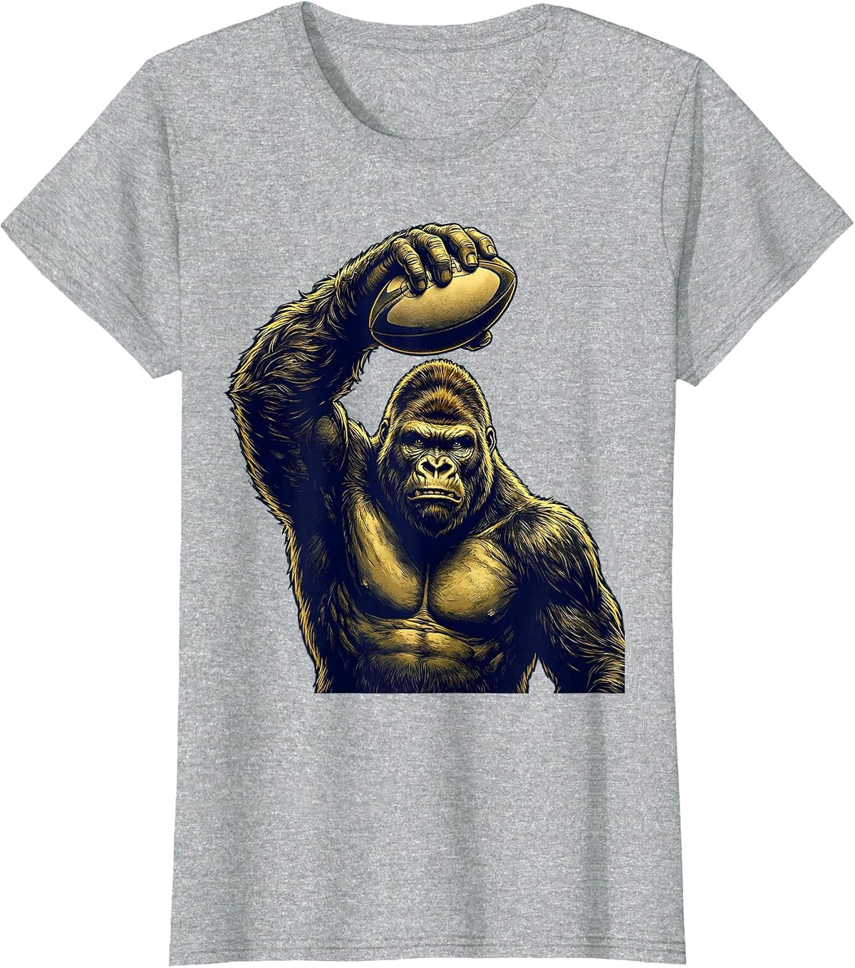 Gorilla Palming Rugby Ball Graphic Design T-Shirt - Heather Grey