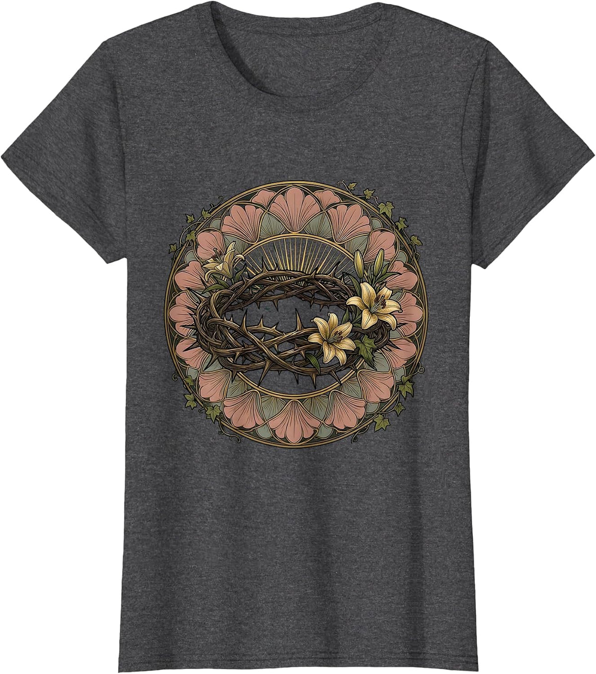 Women's Crown of Thorns Glowing Light Jesus Graphic T-Shirt - Dark Heather Grey