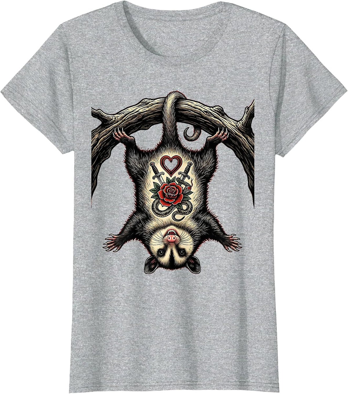 Tattooed Opossum Hanging Upside Down Graphic T-Shirt - Heather Grey