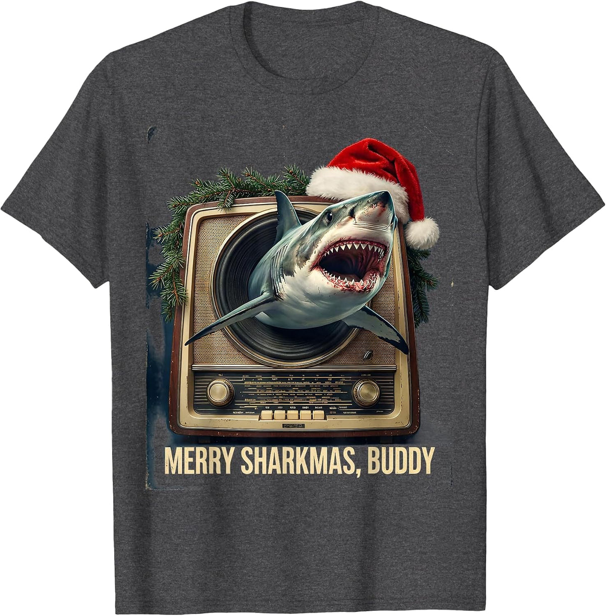 Merry Sharkmas, Buddy Vintage Shark Christmas Pun Humor T-Shirt - Dark Heather Grey