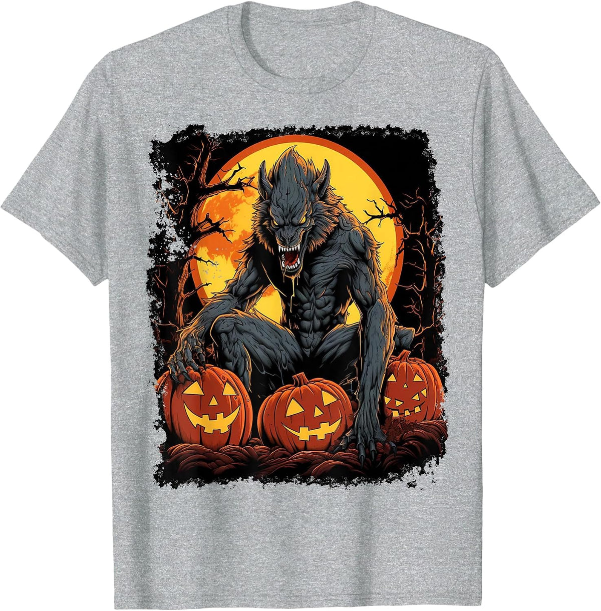 Werewolf Orange Halloween T-Shirt - Heather Grey