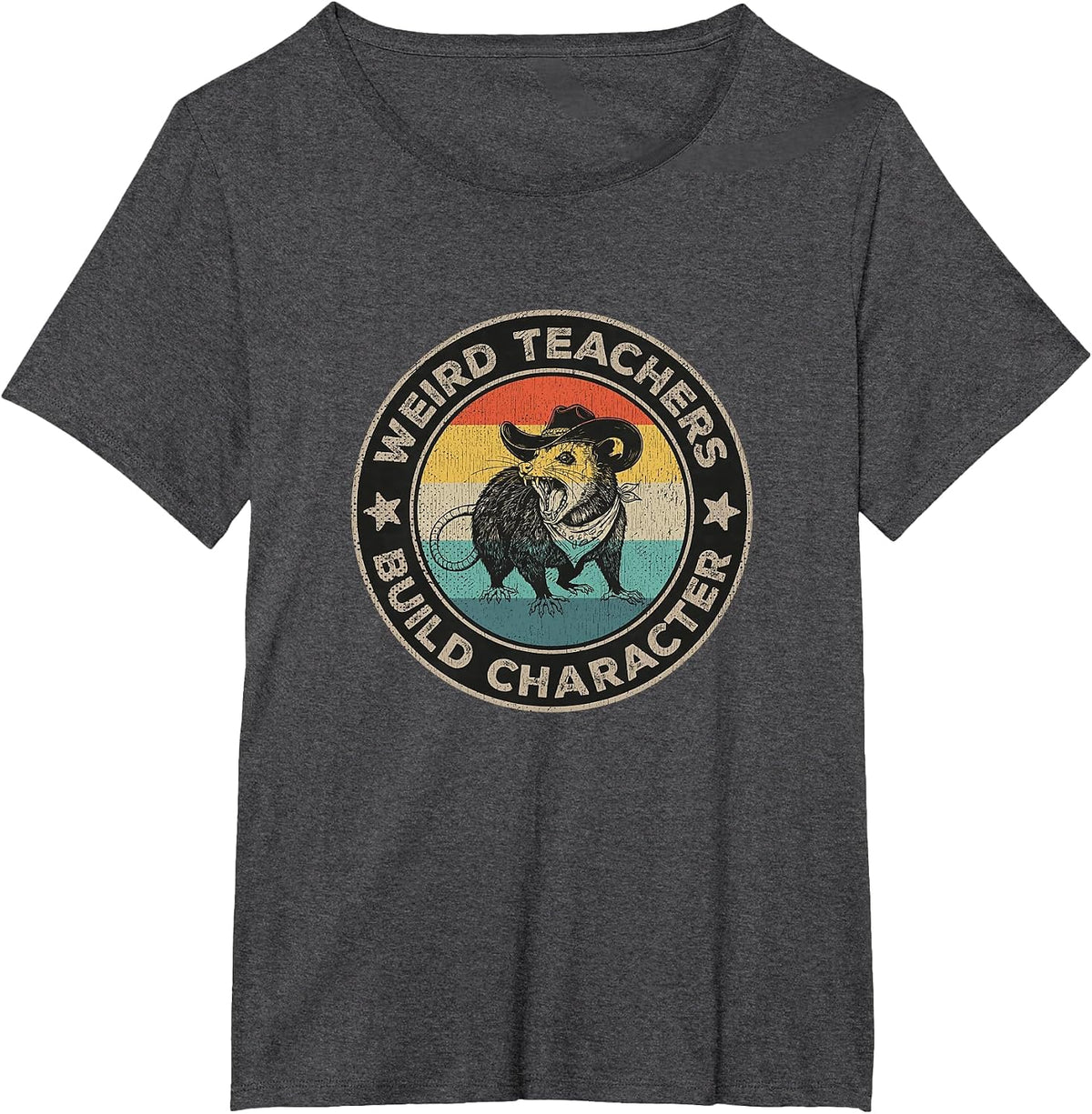 Weird Teachers Build Character Funny Teacher Retro Opossum T-Shirt - Dark Heather Grey