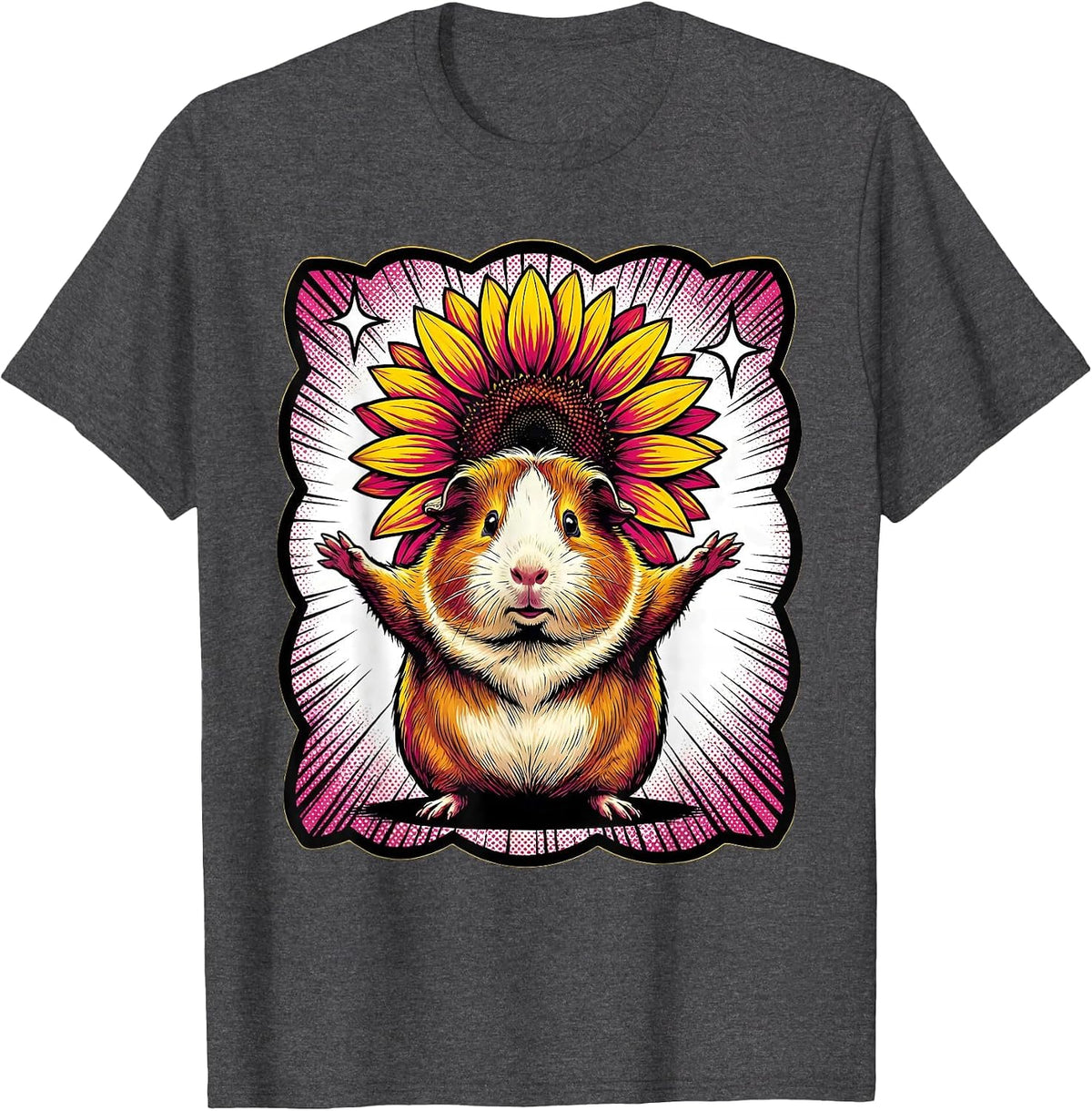 Men's Plump Guinea Pig Sunflower Pop Art Animal Lover Novelty T-Shirt - Dark Heather Grey