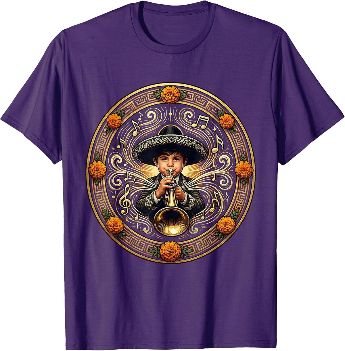 Mexican Boy Trumpet Player Musical Notes Graphic T-Shirt - Purple