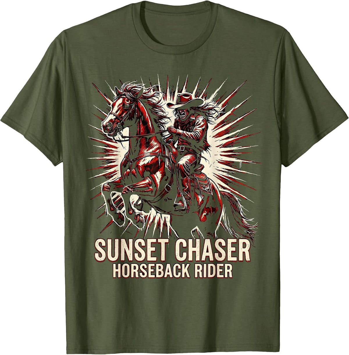 Sunset Chaser Horseback Rider Western Design T-Shirt - Olive Green