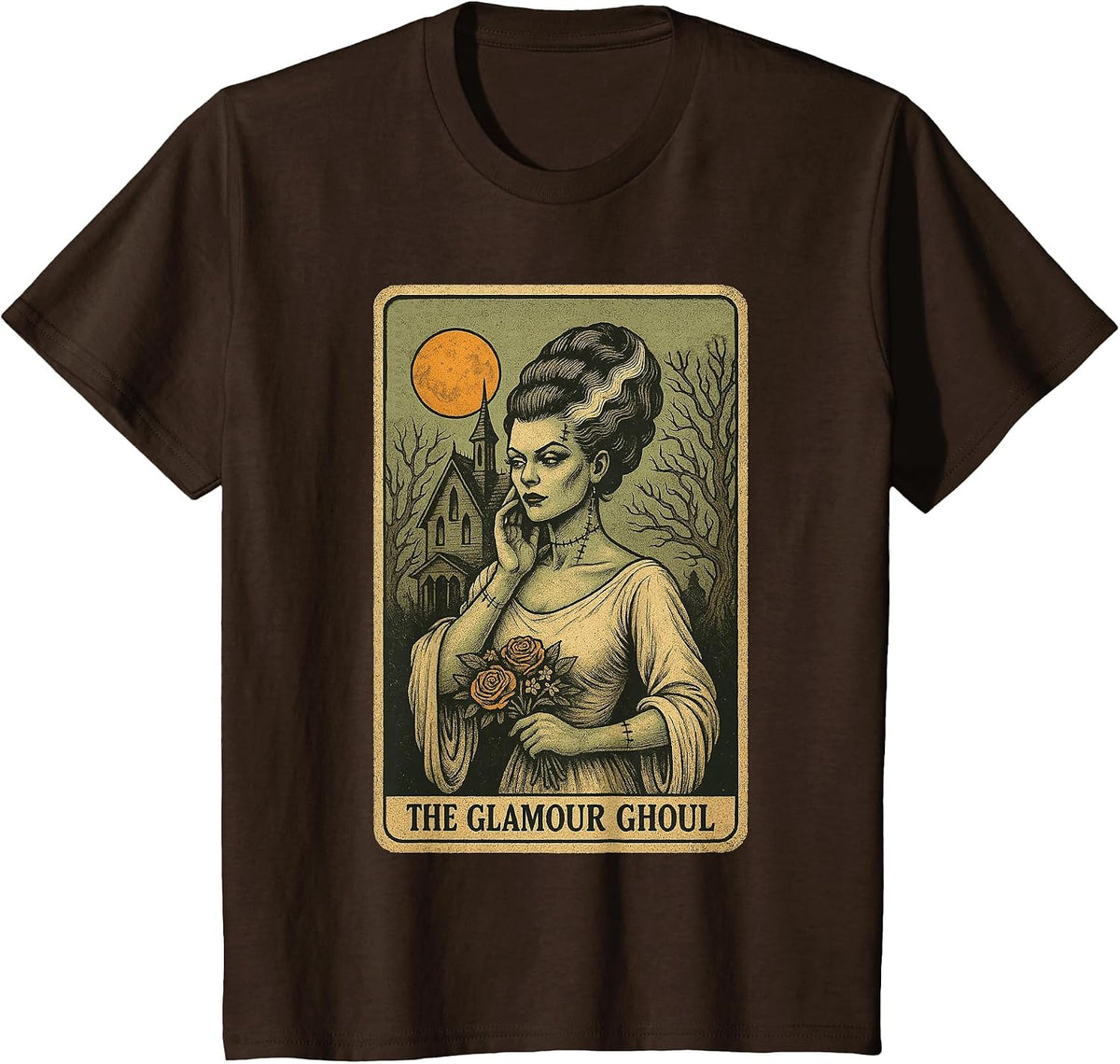 Frankensteins Bride Glamour Ghoul Women Tarot Card T-Shirt - Brown