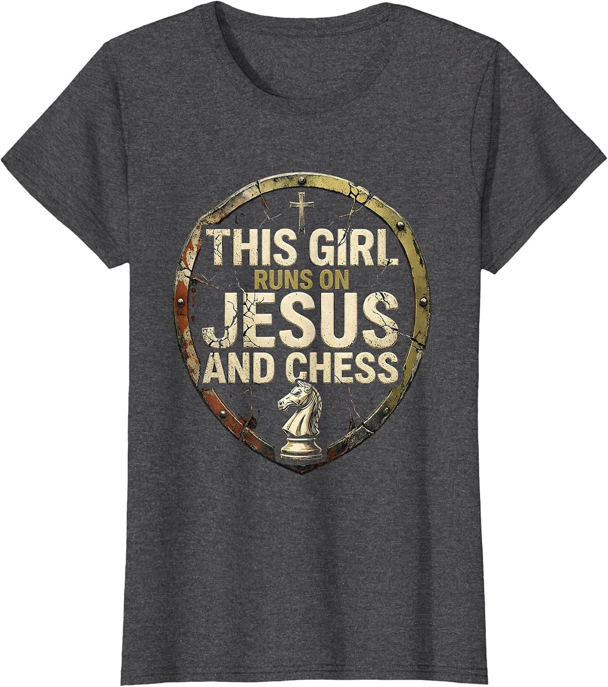 Women's This Girl Runs On Jesus And Chess Distressed Faith Gift T-Shirt - Dark Heather Grey