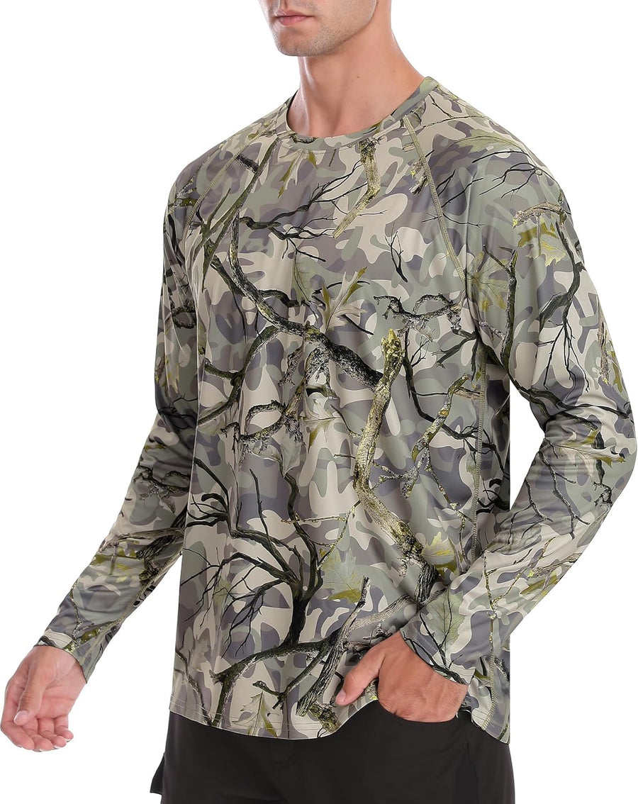 FISHEAL Mens Camo Hunting Shirt Long Sleeve Fishing Lightweight UPF 50+ - Branch Reed Camo Yellow Green