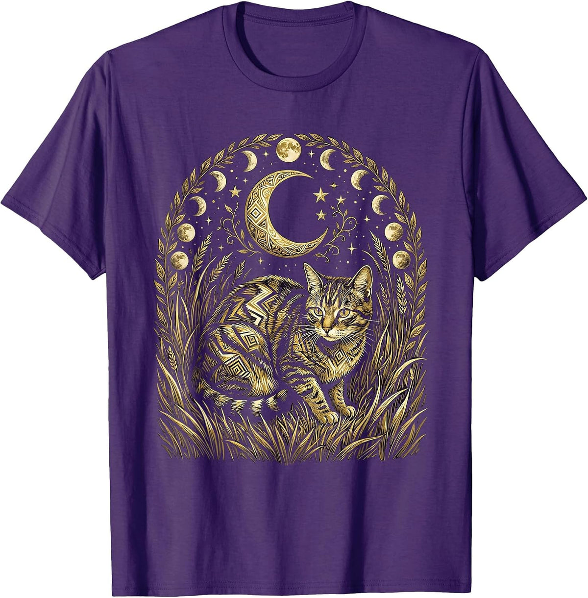 Men's Tabby Cat Stalking Through Tall Grass Illustration T-Shirt - Purple