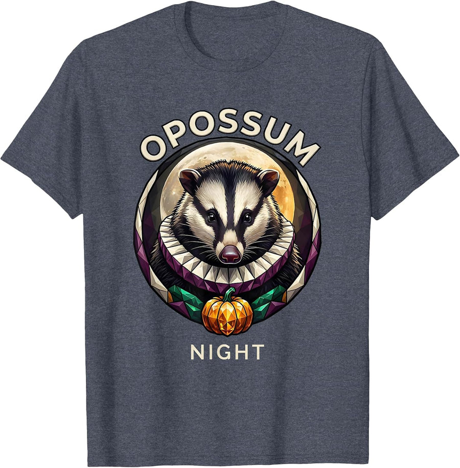 Opossum Night Stained Glass Mosaic Halloween Spooky Moon T-Shirt - Heather Blue