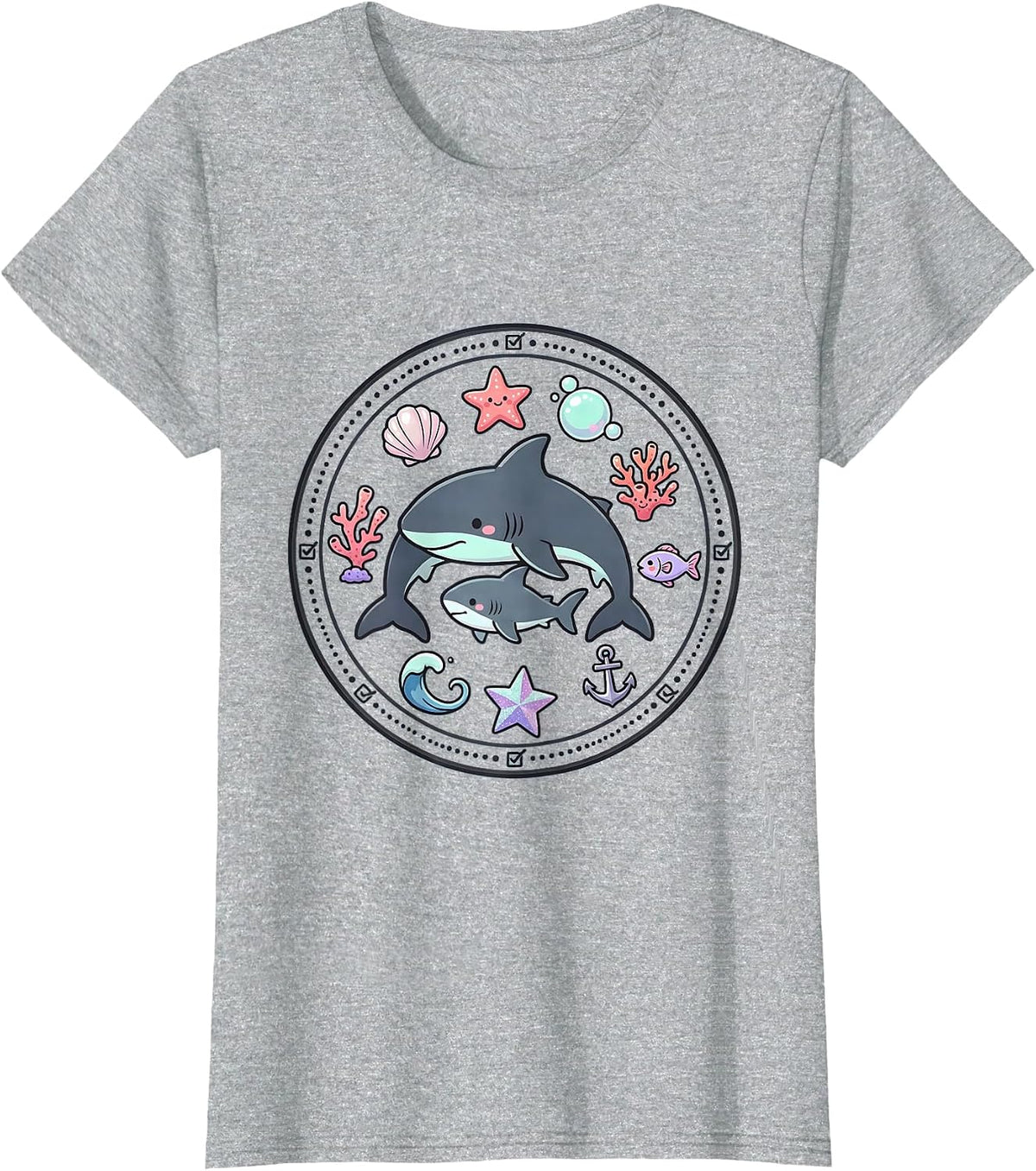Mommy Shark Protecting Pup Silhouette Design T-Shirt - Heather Grey