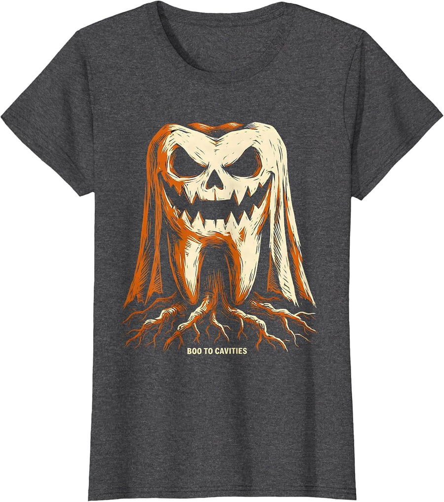 Women's Boo To Cavities Dental Halloween Design T-Shirt - Dark Heather Grey