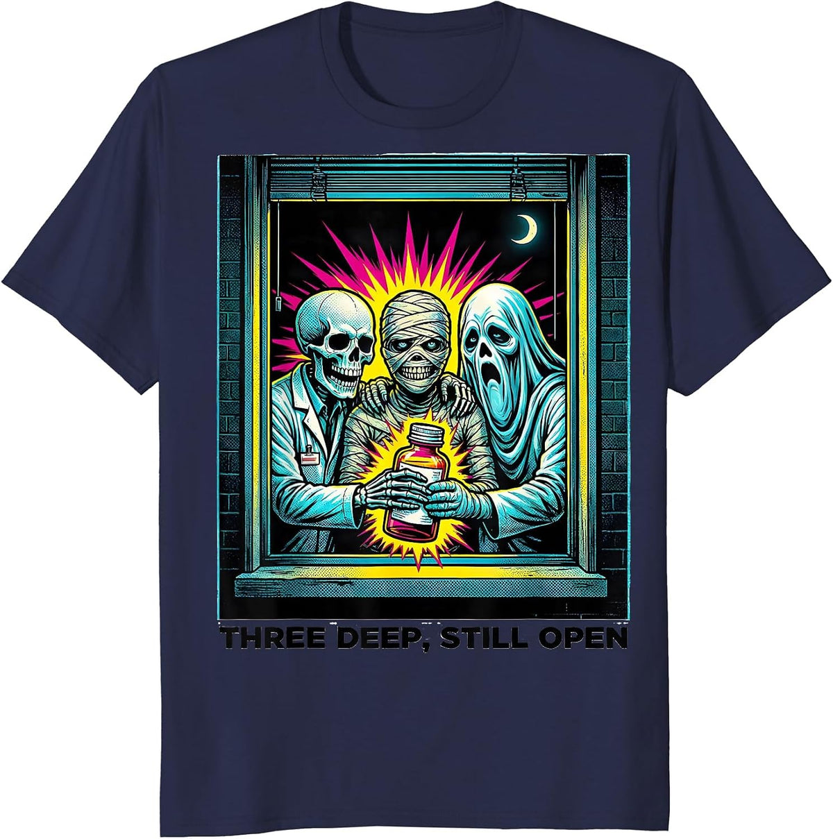 Three Deep Still Open Funny Pharmacy Tech Halloween Costume T-Shirt - Navy Blue