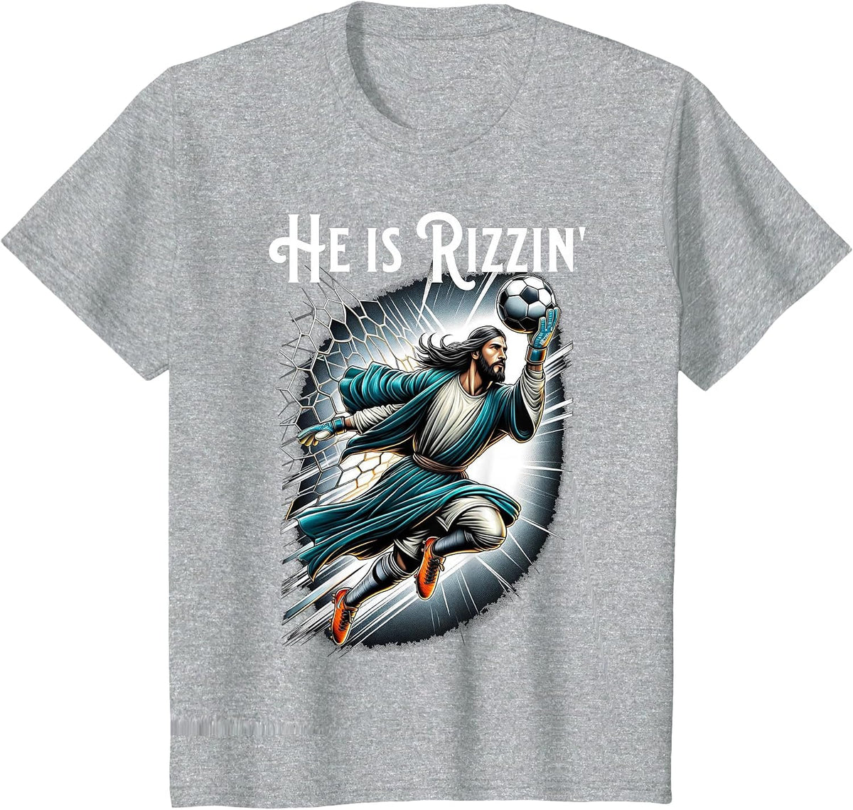 Rizzen Funny Sports Rizz He is Rizzin Jesus Playing Soccer T-Shirt - Heather Grey
