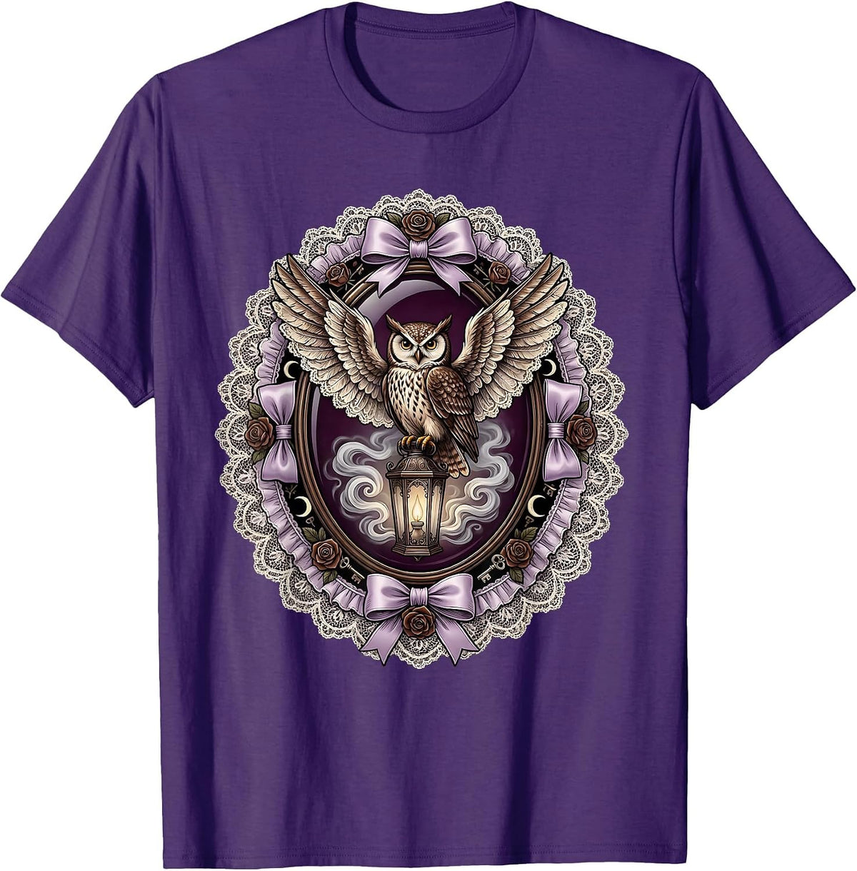 Men's Owl on Glowing Lantern Halloween Fog Design T-Shirt - Purple