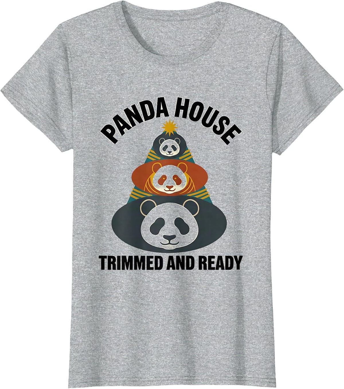 Women's Panda House Trimmed And Ready Midcentury Modern Animal Lover T-Shirt - Heather Grey